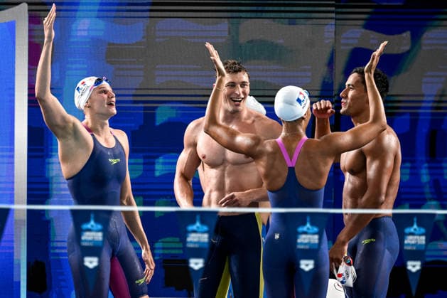 Mary-Ambre Moluh, Carl Aitkaci, Maxime Grousset, Marie Wattel of France celebrate after winning the gold medal in the swimming 4x100m Mixed Relay Mixed Final during the European Aquatics Championships at the Olympic Aquatic Center in Paris (France), August 11, 2026. Andrea Masini Deepbluemedia Insidefoto