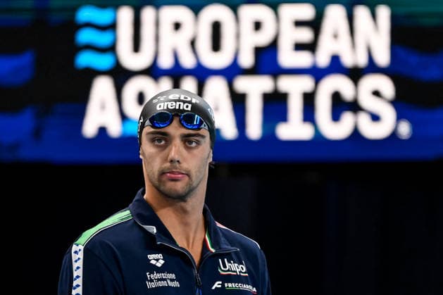 Thomas Ceccon of Italy prepares to compete in the swimming 50m Butterfly Men Final during the European Aquatics Championships at the Olympic Aquatic Center in Paris (France), August 11, 2026. Andrea Staccioli