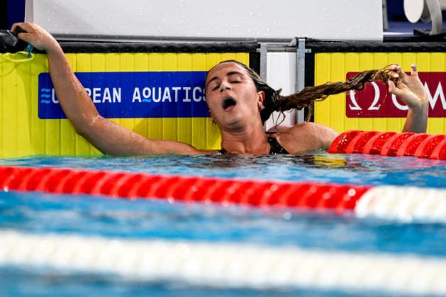 Simona Quadarella of Italy reacts after winning the gold medal in the swimming 800m Freestyle Women Final during the European Aquatics Championships at the Olympic Aquatic Center in Paris (France), August 11, 2026. Andrea Staccioli