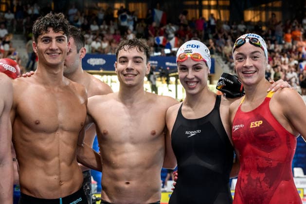 Athletes of team Spain react after competing in the swimming 4x100m Mixed Relay Mixed Final during the European Aquatics Championships at the Olympic Aquatic Center in Paris (France), August 11, 2026. Giorgio Scala DBM - Deepbluemedia Insidefoto