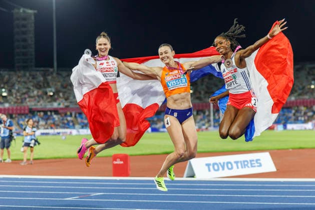 BIRMINGHAM, GREAT BRITAIN - AUGUST 11, 2026 : Pia SKRZYSZOWSKA (POL Poland Rk. 2), Nadine VISSER (NED Netherlands Rk. 1), Laeticia BAPTÉ (FRA France Rk. 3) competing during the European Athletics Championships at Alexander Stadium on August 11, 2026 in Birmingham, Great Britain. Great Britain Copyright: xAxelxKohringx