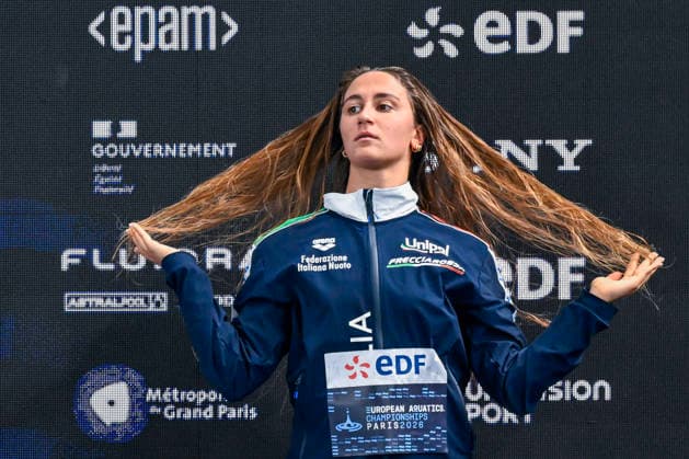 Simona Quadarella of Italy reacts after competing in the Simona Quadarella of Italy during the European Aquatics Championships at the Olympic Aquatic Center in Paris (France), August 11, 2026. Andrea Masini Deepbluemedia Insidefoto