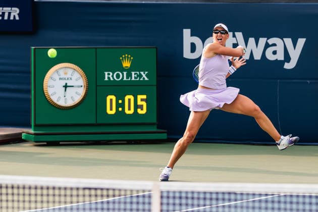 TORONTO, ON - AUGUST 11: Nicole Melichar-Martinez (USA) is seen in action during a women s doubles semi-final match at the WTA, Tennis Damen 1000 National Bank Open on August 11, 2026 at Sobeys Stadium in Toronto, ON (Photo by Mathew Tsang Icon Sportswire) TENNIS: AUG 11 National Bank Open EDITORIAL USE ONLY Icon260811005