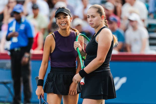 TORONTO, ON - AUGUST 11: Su-Wei Hsieh (TPE) and Jelena Ostapenko (LAT) are seen during a women s doubles semi-final match at the WTA, Tennis Damen 1000 National Bank Open on August 11, 2026 at Sobeys Stadium in Toronto, ON (Photo by Mathew Tsang Icon Sportswire) TENNIS: AUG 11 National Bank Open EDITORIAL USE ONLY Icon260811008