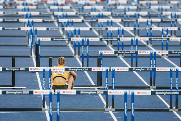 BIRMINGHAM, GREAT BRITAIN - AUGUST 11, 2026: Franziska SCHUSTER (GER Germany) struggles during the 100m hurdles semi-final during the European Athletics Championships at Alexander Stadium on August 11, 2026 in Birmingham, Great Britain. Great Britain Copyright: xAxelxKohringx