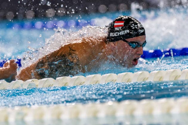 SWIMMING - EAC 2026 PARIS,FRANCE,12.AUG.26 - SWIMMING - European Aquatics Championships Paris 2026, 100m butterfly, men. Image shows Simon Bucher (AUT).  GEPAxpictures xPhilippxBrem