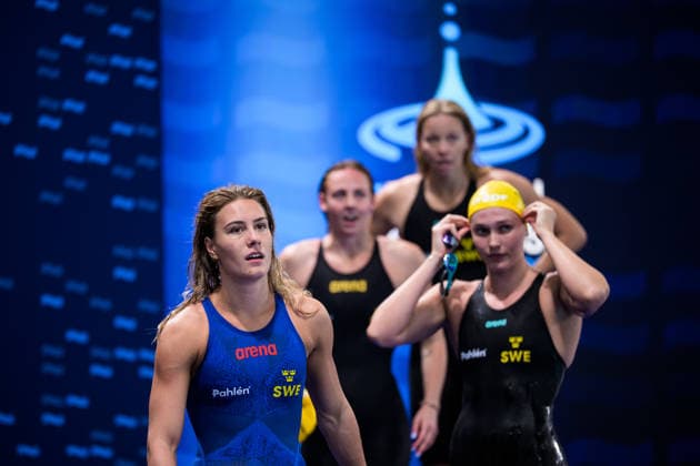 260812 Sofia Astedt, Sara Junevik, Louise Hansson and Elvira Mörtstrand of Sweden after competing in women™s 4x100 meters freestyle swimming heats during day 13 of the 2026 European Aquatics Championships on August 12, 2026 in Saint-Denis. Photo: Joel Marklund BILDBYRAN kod JM JM0840 bbeng simning swimming svomming 2026 european aquatics championships em dam Sverige Sweden *** August 12, 2026: Sofia Astedt, Sara Junevik, Louise Hansson, and Elvira Mörtstrand of Sweden after competing in the women’s 4x100-meter freestyle swimming heats on Day 13 of the 2026 European Aquatics Championships on August 12, 2026 in Saint-Denis. Photo by Joel Marklund. BILDBYRAN code JM JM0840 bbeng swimming 2026 European Aquatics Championships EM women Sweden  Copyright: JOELxMARKLUND BB260812JM053