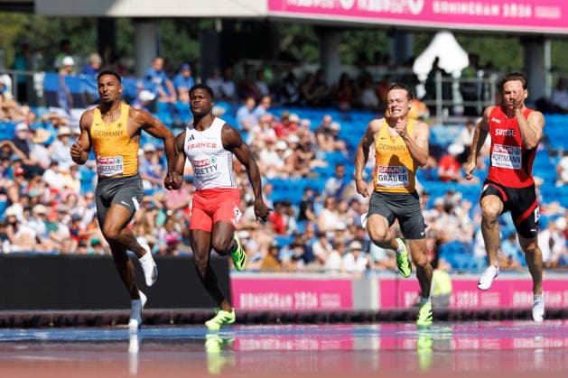 BIRMINGHAM, GREAT BRITAIN - AUGUST 12, 2026: Leo NEUGEBAUER (GER Germany), Makenson GLETTY (FRA France), Amadeus GRÄBER (GER Germany), Nino PORTMANN (SUI Switzerland) competing in the 100m of the decathlon during the European Athletics Championships at Alexander Stadium on August 12, 2026 in Birmingham, Great Britain. Great Britain Copyright: xAxelxKohringx