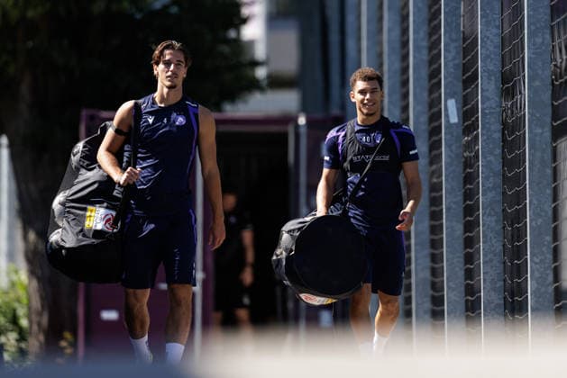 SOCCER - UEFA ECL, A.Wien vs Beita VIENNA,AUSTRIA,12.AUG.26 - SOCCER - UEFA Conference League, qualification, FK Austria Wien vs Beitar Jerusalem, preview, training A.Wien. Image shows Jonas Feddersen and Daniel Nnodim (A.Wien).  GEPAxpictures xArminxRauthner