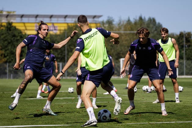 SOCCER - UEFA ECL, A.Wien vs Beita VIENNA,AUSTRIA,12.AUG.26 - SOCCER - UEFA Conference League, qualification, FK Austria Wien vs Beitar Jerusalem, preview, training A.Wien. Image shows Johannes Handl, Vasilije Markovic, Julian Hettwer and Philipp Maybach (A.Wien).  GEPAxpictures xArminxRauthner