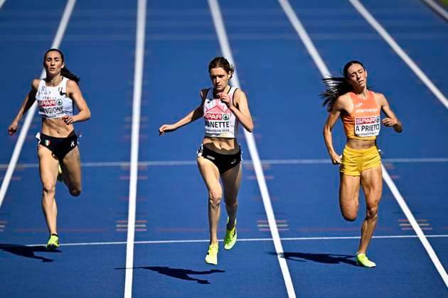 European Athletics Championships Birmingham 2026 - day 3 BIRMINGHAM, ENGLAND - AUGUST 12 : Mangione Alice (ITA), Ponette Helena (BEL) , Prieto Ana (ESP) in action during the 400m Women Round 1 Heat 2 on day 3 of the Birmingham 2026 European Athletics Championships on August 12, 2026 in Birmingham, England, 12 08 2026 Birmingham ENGLAND  Copyright: xTomasxSiskx