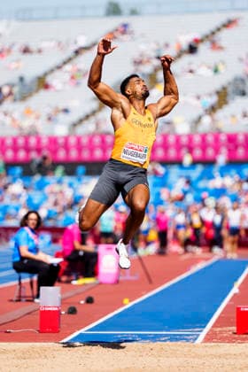 BIRMINGHAM, GREAT BRITAIN - AUGUST 12, 2026 : Leo NEUGEBAUER (GER Germany) competing in the long jump in the decathlon during the European Athletics Championships at Alexander Stadium on August 12, 2026 in Birmingham, Great Britain. Great Britain Copyright: xLeahxKohringx