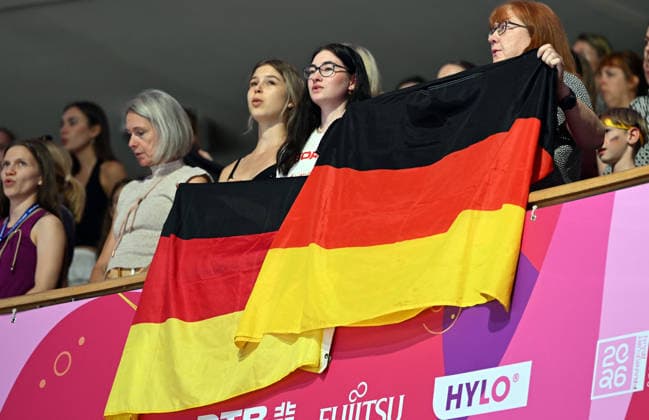 12.08.2026, xhbx, Rhythmische Sportgymnastik Weltmeisterschaft 2026, v.l. Deutsche Fans (DFL DFB REGULATIONS PROHIBIT ANY USE OF PHOTOGRAPHS as IMAGE SEQUENCES and or QUASI-VIDEO) Frankfurt am Main *** August 12, 2026, xhbx, 2026 Rhythmic Gymnastics World Championships, from left: German fans. DFL, DFB regulations prohibit any use of photographs as image sequences and or quasi-video. Frankfurt am Main