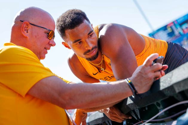 BIRMINGHAM, GREAT BRITAIN - AUGUST 12, 2026: Leo NEUGEBAUER (GER Germany) and coach John Garnham discusses during the long jump of the decathlon during the European Athletics Championships at Alexander Stadium on August 12, 2026 in Birmingham, Great Britain. Great Britain Copyright: xAxelxKohringx