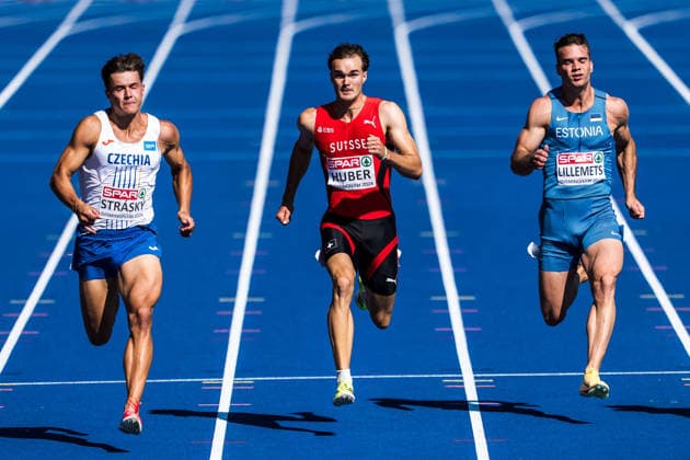 European Athletics Championships; Birmingham, 12.08.2026 BIRMINGHAM, UNITED KINGDOM - AUGUST 12: left to right: Vilem Strasky (CZE - Czech Republic), Andrin Huber (Switzerland), Risto Lillemets (EST - Estonia) compete in the 100 m on August 12, 2026 in Birmingham, United Kingdom. *** European Athletics Championships, Birmingham, August 12, 2026 BIRMINGHAM, UNITED KINGDOM AUGUST 12 From left to right: Vilem Strasky (CZE, Czech Republic), Andrin Huber (Switzerland), and Risto Lillemets (Estonia) compete in the 100-meter dash on August 12, 2026, in Birmingham, United Kingdom Copyright: xBEAUTIFULxSPORTS UlfxSchillerx
