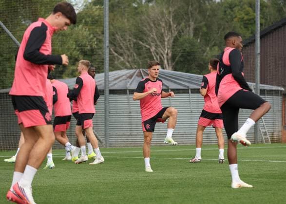 Cammy Devlin and his team mates training ahead of tomorrow s Europa League qualifying match against Jagiellonia Bialystok. Rangers Training - The Rangers Training Centre, Glasgow, Lanarkshire, Scotland, UK - 12 Aug 2026Glasgow The Rangers Training Centre Lanarkshire United Kingdom  Copyright: xO Rourke RangersxFC Shutterstockx 17066919aw