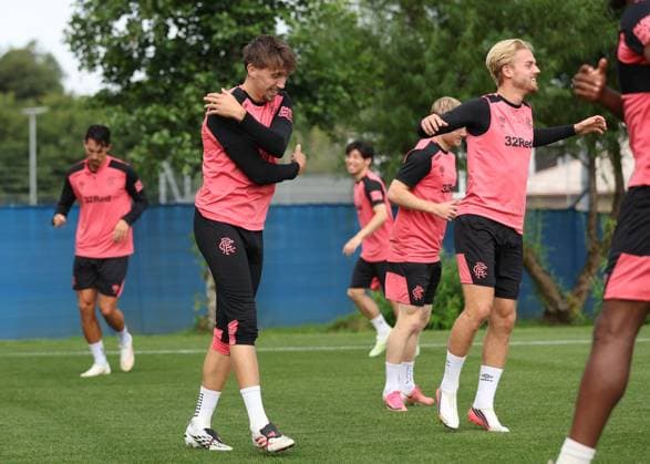 Dan Neil and Ross McCausland training ahead of tomorrow s Europa League qualifying match against Jagiellonia Bialystok. Rangers Training - The Rangers Training Centre, Glasgow, Lanarkshire, Scotland, UK - 12 Aug 2026Glasgow The Rangers Training Centre Lanarkshire United Kingdom  Copyright: xO Rourke RangersxFC Shutterstockx 17066919at