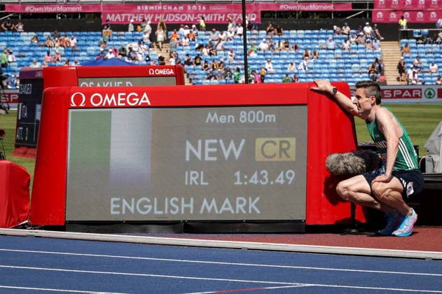 2026 European Athletics Championships, Alexander Stadium, Birmingham, England 12 8 2026 Men™s 800 Meter Semi Finals Ireland™s Mark English celebrates after setting a new championship record Mark English celebrates after setting a new championship record 12 8 2026  Copyright: xx 0S9A1615