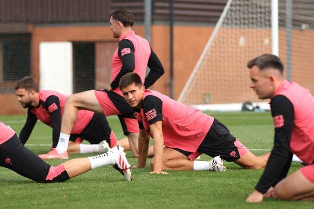 Vanja Dragojevic and his team mates training ahead of tomorrow s Europa League qualifying match against Jagiellonia Bialystok. Rangers Training - The Rangers Training Centre, Glasgow, Lanarkshire, Scotland, UK - 12 Aug 2026Glasgow The Rangers Training Centre Lanarkshire United Kingdom  Copyright: xO Rourke RangersxFC Shutterstockx 17066919bi