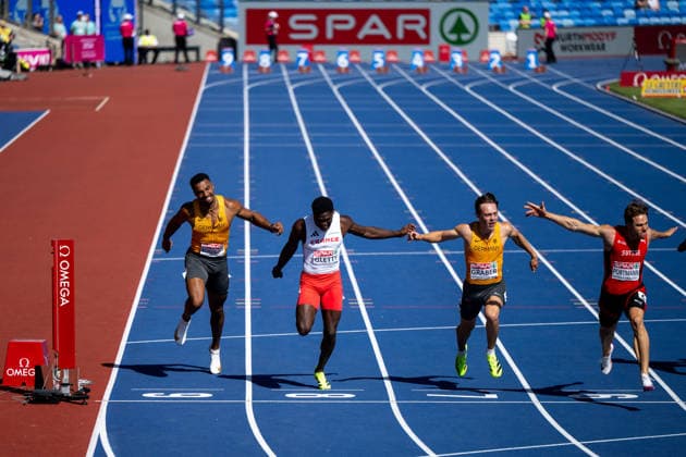 12.08.2026, GBR, Leichtathletik, Europameisterschaft 2026, Morgensession Tag 3, Birmingham Leo Neugebauer ( Deutschland ), Makenson Gletty ( Frankreich ), Amadeus Gräber ( Deutschland ), Nino Portmann ( Schweiz ), Zehnkampf Herren, 100 Meter Sprint, Birmingham Alexander Stadium England Großbritannien *** August 12, 2026, GBR, Track and Field, 2026 European Championships, Morning Session Day 3, Birmingham Leo Neugebauer (Germany), Makenson Gletty (France), Amadeus Gräber (Germany), Nino Portmann (Switzerland), Men’s Decathlon, 100-meter dash, Birmingham Alexander Stadium, England, Great Britain Copyright: xNordphoto Memmlerx