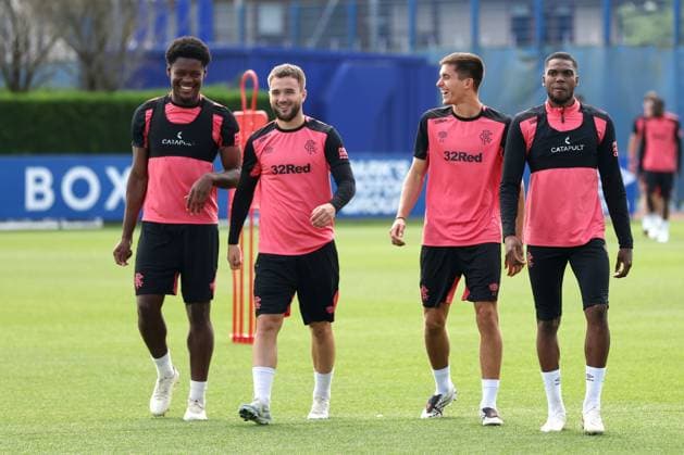 Tochi Chukwuani, Nicolas Raskin, Vanja Dragojevic and Dujon Sterling walk out for training ahead of tomorrow s Europa League qualifying match against Jagiellonia Bialystok. Rangers Training - The Rangers Training Centre, Glasgow, Lanarkshire, Scotland, UK - 12 Aug 2026Glasgow The Rangers Training Centre Lanarkshire United Kingdom  Copyright: xO Rourke RangersxFC Shutterstockx 17066919bv
