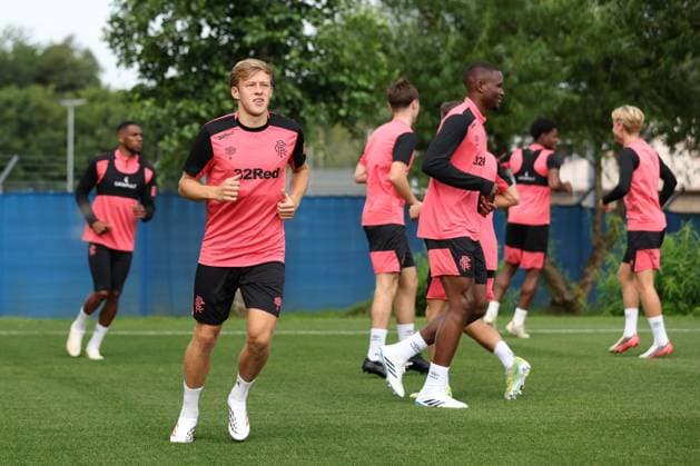 Connor Barron and his team mates training ahead of tomorrow s Europa League qualifying match against Jagiellonia Bialystok. Rangers Training - The Rangers Training Centre, Glasgow, Lanarkshire, Scotland, UK - 12 Aug 2026Glasgow The Rangers Training Centre Lanarkshire United Kingdom  Copyright: xO Rourke RangersxFC Shutterstockx 17066919cp