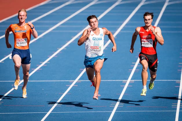 European Athletics Championships in Birmingham, United Kingdom, August 12, 2026, the decathlon 100 meters. From left Jip de Greef of Netherlands, Vilem Strasky of Czech Republic and Andrin Huber of Switzerland. (CTKxPhoto JaroslavxSvoboda) CTKPhotoP2026081204211  CTKPhotoP2026081204211