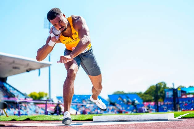 BIRMINGHAM, GREAT BRITAIN - AUGUST 12, 2026 : Leo NEUGEBAUER (GER Germany) competing in the shot put in the decathlon during the European Athletics Championships at Alexander Stadium on August 12, 2026 in Birmingham, Great Britain. Great Britain Copyright: xLeahxKohringx