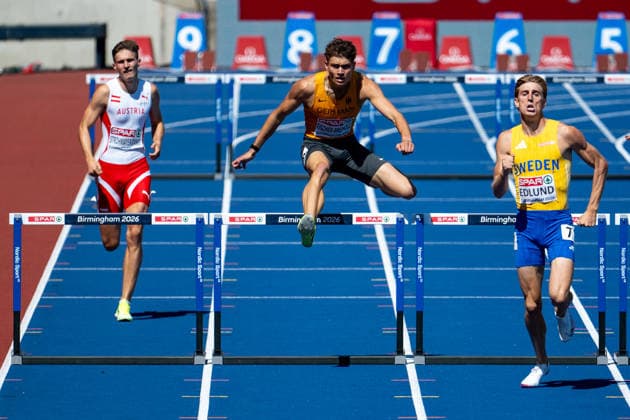 12.08.2026, GBR, Leichtathletik, Europameisterschaft 2026, Morgensession Tag 3, Birmingham Owe Fischer-Breiholz ( Deutschland ), daneben Niklas Strohmayer-Dangl ( Österreich ), Oskar Edlund ( Schweden ), 400 Meter Hürden Herren, Halbfinale Birmingham Alexander Stadium England Großbritannien *** August 12, 2026, GBR, Track and Field, 2026 European Championships, Morning Session Day 3, Birmingham: Owe Fischer Breiholz (Germany), alongside Niklas Strohmayer Dangl (Austria) and Oskar Edlund (Sweden), Men’s 400-meter hurdles, Semifinals, Birmingham Alexander Stadium, England, Great Britain Copyright: xNordphoto Memmlerx