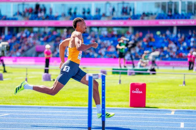BIRMINGHAM, GREAT BRITAIN - AUGUST 12, 2026 : Emil AGYEKUM (GER Germany) competing in the 400m hurdles semifinal during the European Athletics Championships at Alexander Stadium on August 12, 2026 in Birmingham, Great Britain. Great Britain Copyright: xLeahxKohringx
