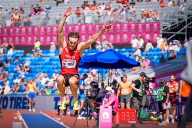 BIRMINGHAM, GREAT BRITAIN - AUGUST 12, 2026 : Andrin HUBER (SUI Switzerland) competing in the long jump decathlon during the European Athletics Championships at Alexander Stadium on August 12, 2026 in Birmingham, Great Britain. Great Britain Copyright: xLeahxKohringx