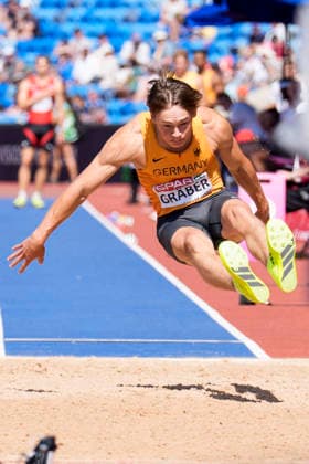 BIRMINGHAM, GREAT BRITAIN - AUGUST 12, 2026 : Amadeus GRÄBER (GER Germany) competing in the long jump decathlon during the European Athletics Championships at Alexander Stadium on August 12, 2026 in Birmingham, Great Britain. Great Britain Copyright: xLeahxKohringx