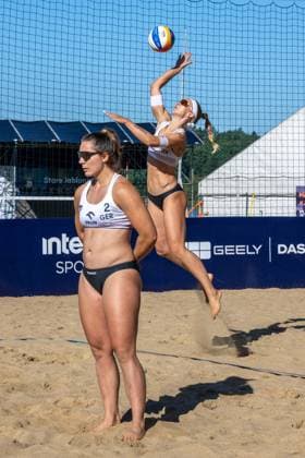 STARE JABLONKI, POLEN - AUGUST 12: Sandra Ittlinger (Player 1, GER), Anna-Lena Grüne (Player 2, GER) during the European Championships Beach volleyball, Beachvolleyball at Stare Jablonki on August 12, 2026 in Stare Jablonki, Polen. Polen Copyright: xPeterxWeberx