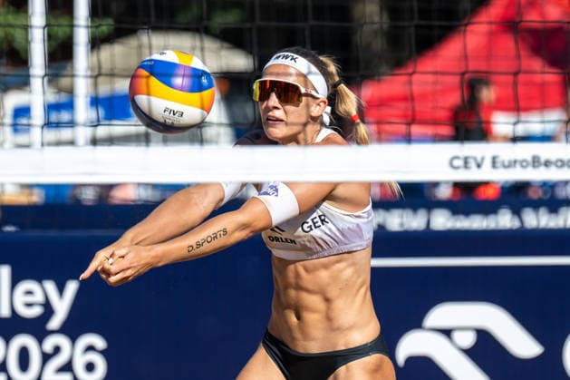 STARE JABLONKI, POLEN - AUGUST 12: Sandra Ittlinger (Player 1, GER) during the European Championships Beach volleyball, Beachvolleyball at Stare Jablonki on August 12, 2026 in Stare Jablonki, Polen. Polen Copyright: xPeterxWeberx
