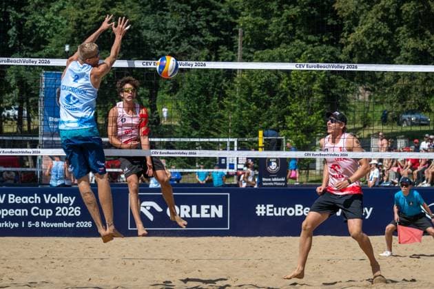 STARE JABLONKI, POLEN - AUGUST 12: Lui Wüst (Player 2, GER) during the European Championships Beach volleyball, Beachvolleyball at Stare Jablonki on August 12, 2026 in Stare Jablonki, Polen. Polen Copyright: xPeterxWeberx