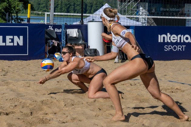 STARE JABLONKI, POLEN - AUGUST 12: Sandra Ittlinger (Player 1, GER), Anna-Lena Grüne (Player 2, GER) during the European Championships Beach volleyball, Beachvolleyball at Stare Jablonki on August 12, 2026 in Stare Jablonki, Polen. Polen Copyright: xPeterxWeberx