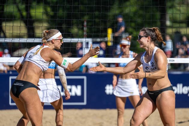 STARE JABLONKI, POLEN - AUGUST 12: Sandra Ittlinger (Player 1, GER), Anna-Lena Grüne (Player 2, GER) during the European Championships Beach volleyball, Beachvolleyball at Stare Jablonki on August 12, 2026 in Stare Jablonki, Polen. Polen Copyright: xPeterxWeberx