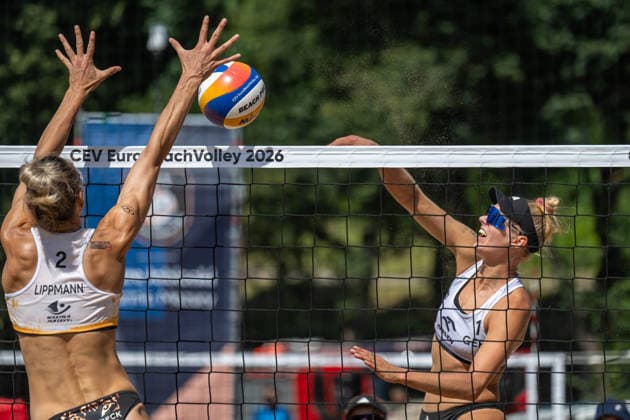 STARE JABLONKI, POLEN - AUGUST 12: Linda Bock (Player 1, GER) during the European Championships Beach volleyball, Beachvolleyball at Stare Jablonki on August 12, 2026 in Stare Jablonki, Polen. Polen Copyright: xPeterxWeberx