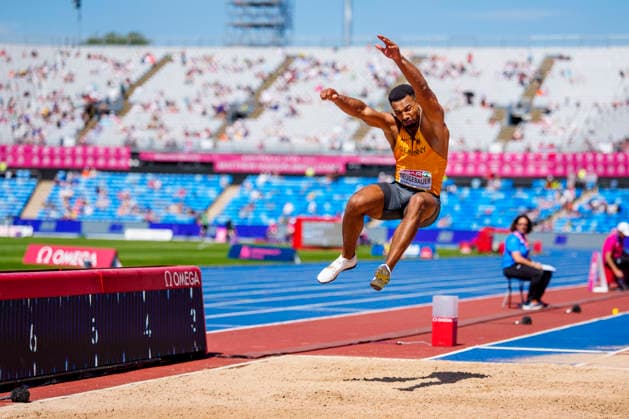 BIRMINGHAM, GREAT BRITAIN - AUGUST 12, 2026 : Leo NEUGEBAUER (GER Germany) competing in the long jump decathlon during the European Athletics Championships at Alexander Stadium on August 12, 2026 in Birmingham, Great Britain. Great Britain Copyright: xLeahxKohringx