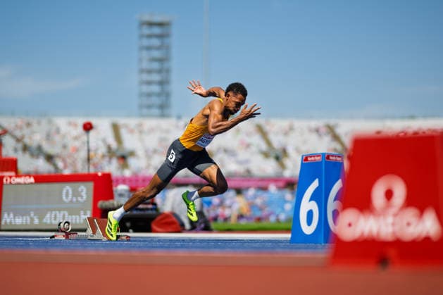 BIRMINGHAM, UNITED KINGDOM - AUGUST 12:Emil Agyekum of Germany competes in the Men s 400m Hurdles Semi Final during the European Athletics Championships at Alexander Stadium on August 12, 2026 in Birmingham, United Kingdom. England United Kingdom Copyright: xBEAUTIFULxSPORTS TobiasxLacknerx