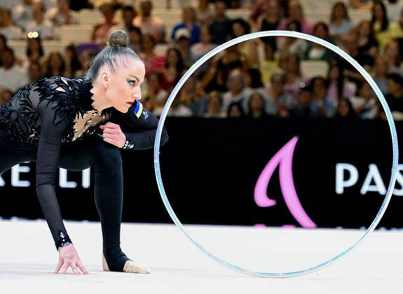 12.08.2026, xhbx, Rhythmische Sportgymnastik Weltmeisterschaft 2026, v.l. Polina Karika (Ukraine) mit Reifen (DFL DFB REGULATIONS PROHIBIT ANY USE OF PHOTOGRAPHS as IMAGE SEQUENCES and or QUASI-VIDEO) Frankfurt am Main *** August 12, 2026, xhbx, 2026 Rhythmic Gymnastics World Championships, from left: Polina Karika of Ukraine with a hoop. DFL and DFB regulations prohibit any use of photographs as image sequences and or quasi-video. Frankfurt am Main