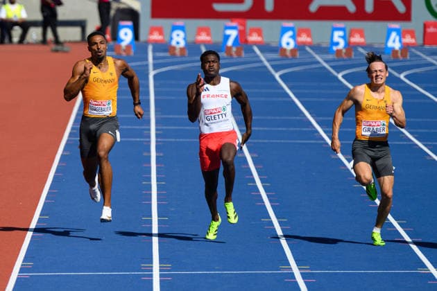 BIRMINGHAM, GREAT BRITAIN - August 12: Leo Neugebauer (Germany), Makenson Gletty (France) and Amadeus Gräber (Germany) during the decathlon 100 metres competition during the European Athletics Championships 2026 at Alexander Stadium in Birmingham, Great Britain (Photo by Sven Beyrich Sports Press Photo)  Copyright: xSvenxBeyrich SportsxPressxPhotox Sportspressphoto_SPR204531