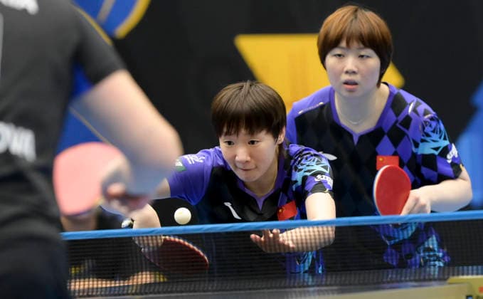 (260812) -- MALMO, Aug. 12, 2026 -- Wang Manyu (C) Kuai Man compete during the women s doubles round of 16 match between China s Wang Manyu Kuai Man and Tatiana Kukulkova (Slovakia) Syndrela Das (India) at the WTT Europe Smash Sweden 2026 in Malmo, Sweden, Aug. 12, 2026. ) (SP)SWEDEN-MALMO Table tennis, Tischtennis WTT EUROPE SMASH 2026 WengxXinyang 