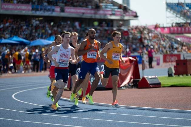 Birmingham, United Kingdom. 12 August 2026. Athletes Max Burgin (Great Britain), Ryan Clarke (Netherlands) and Alexander Stepanov (Germany) leading the race during the Men’s 800m Semifinal Session at the 2026 European Athletics Championships at Alexander Stadium. Copyright: xDavidxSarmientox xVWPicsx 0863922323st