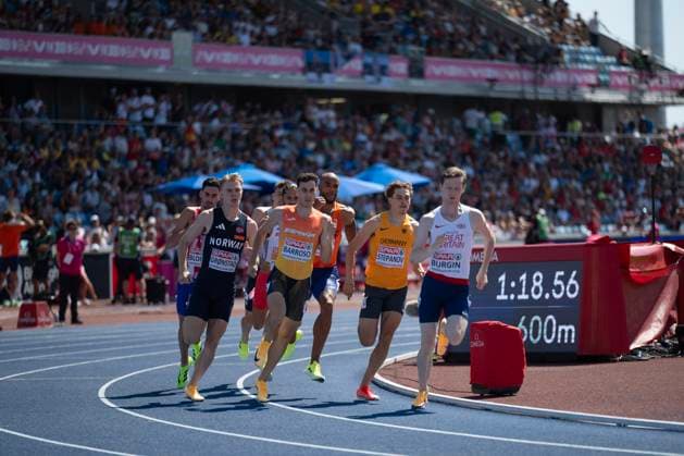 Birmingham, United Kingdom. 12 August 2026. Athletes Max Burgin (Great Britain), David Barroso (Spain) and Alexander Stepanov (Germany) leading the race during the Men’s 800m Semifinal Session at the 2026 European Athletics Championships at Alexander Stadium. Copyright: xDavidxSarmientox xVWPicsx 0863922324st