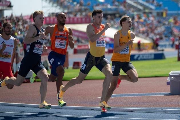 Birmingham, United Kingdom. 12 August 2026. Athletes David Barroso (Spain), Ryan Clarke (Netherlands) and Alexander Stepanov (Germany) leading the race during the Men’s 800m Semifinal Session at the 2026 European Athletics Championships at Alexander Stadium. Copyright: xDavidxSarmientox xVWPicsx 0863922325st