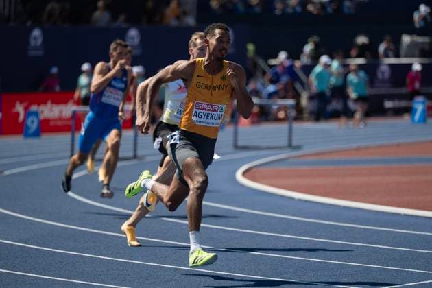 Birmingham, United Kingdom. 12 August 2026. Athlete Emil Agyekum (Germany) in action during the Men’s 400m Hurdles Semifinal Session at the 2026 European Athletics Championships at Alexander Stadium. Copyright: xDavidxSarmientox xVWPicsx 0863922329st