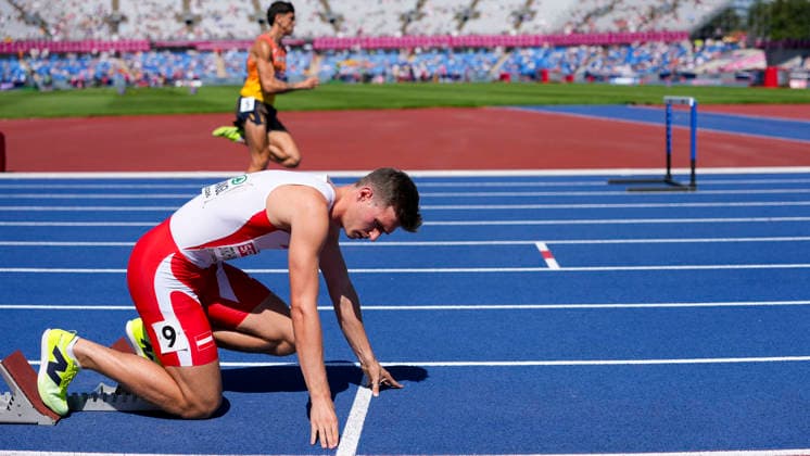 ATHLETICS - European Athletics Championships BIRMINGHAM,ENGLAND,12.AUG.26 - ATHLETICS - European Athletics Championships, 400m hurdles, Men, semifinal. Image shows Niklas Strohmayer-Dangl (AUT).  GEPAxpictures xRanjithxKumar