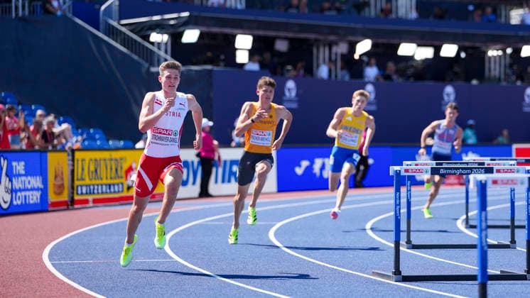 ATHLETICS - European Athletics Championships BIRMINGHAM,ENGLAND,12.AUG.26 - ATHLETICS - European Athletics Championships, 400m hurdles, Men, semifinal. Image shows Niklas Strohmayer-Dangl (AUT).  GEPAxpictures xRanjithxKumar