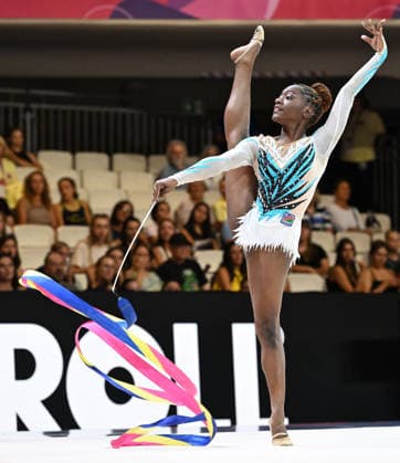 12.08.2026, xhbx, Rhythmische Sportgymnastik Weltmeisterschaft 2026, v.l. Emilia Ekandjo (Namibia) mit Band (DFL DFB REGULATIONS PROHIBIT ANY USE OF PHOTOGRAPHS as IMAGE SEQUENCES and or QUASI-VIDEO) Frankfurt am Main *** August 12, 2026, xhbx, 2026 Rhythmic Gymnastics World Championships, from left: Emilia Ekandjo of Namibia with a ribbon. DFL and DFB regulations prohibit any use of photographs as image sequences and or quasi-video. Frankfurt am Main